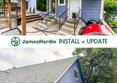 Top image showcases a covered patio with new steps and railings, bottom image shows a refurbished house exterior with JamesHardie siding.