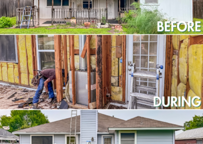 Three-panel image showing a house at different stages - before, during, and after renovation, with visual improvements evident.