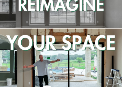 A split before-and-after image of a house renovation, with the upper half showing bare windows and the lower half showing a man proudly presenting new windows and doors installed, alongside the text 'REIMAGINE YOUR SPACE' and the logo of WILCO Windows & Siding.