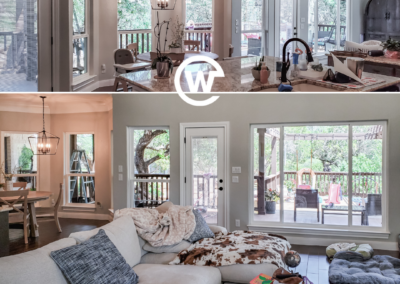 Two images of a tasteful open plan interior with living and dining areas, featuring modern furniture and natural light streaming through large windows.