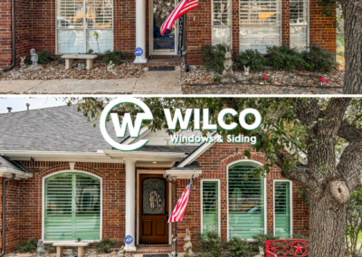 Top image shows a brick house before renovation with old windows and without shutters. Bottom image shows same house after renovation with new green window shutters, a red bench, and a company logo for WILCO Windows & Siding.