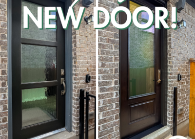 Left side of image shows an old black door before replacement, right side shows a new wooden door with decorative glass after replacement, with an arrow and text overlay reading "NEW DOOR!" on a brick house facade.