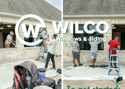 Workers installing windows on a residential home, with tools in the foreground and the logo and promotional text for WILCO Windows & Siding.