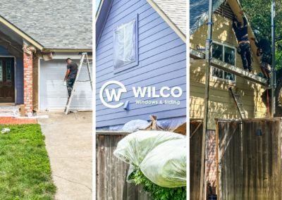 A triptych showing various stages of home improvements, with workers installing windows and siding on houses and a bagged item leaning on a wooden fence.