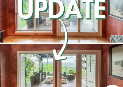 Top half of the image shows a room with old windows and the text "UPDATE," followed by an arrow pointing downward to the bottom half, which displays the same room after renovation with new French doors overlooking a deck with outdoor furniture.